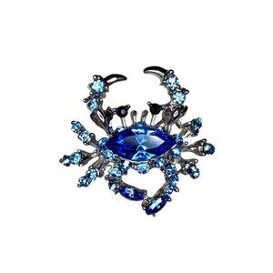 Crab Brooch Pin Zodiac Cancer  Blue Rhinestone Beachy Horoscope Birthday